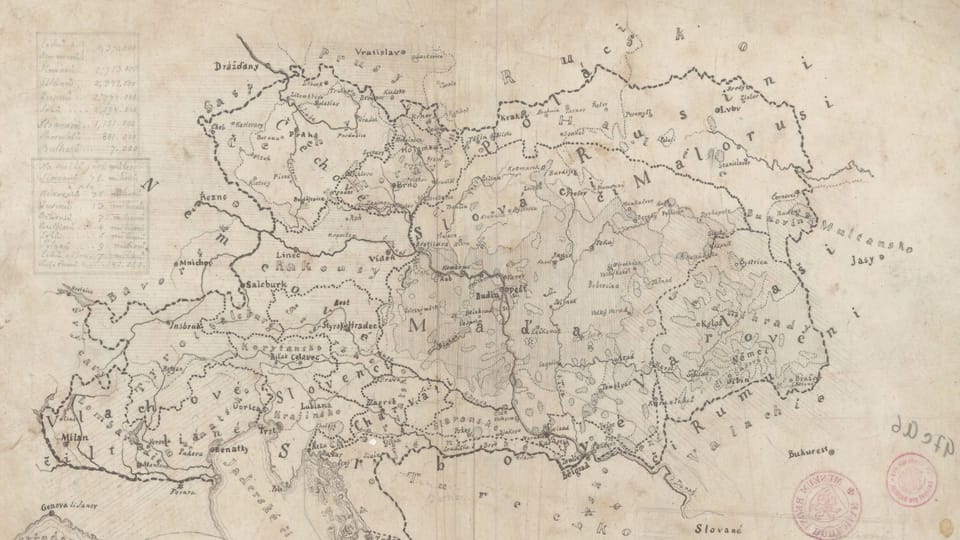 Šafařík,  Pavel Josef. Nationale Landschaft des österreichischen Kaiserreichs. Maßstab 1 : 4 710 000. Zwischen 1848 und 1849. Manuskript | Foto: Kramerius/Nationalbibliothek
