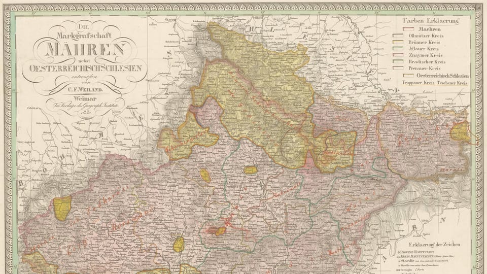 Weiland, Karl Ferdinand a Šafařík, Pavel Josef. Die Markgrafschaft Mähren nebst Oesterreichisch Schlesien. Měřítko: 1 : 510 000. Weimar: im Verlage de Geograph. Instituts, 1830 | Foto: Kramerius/Nationalbibliothek Weiland, Karl Ferdinand a Šafařík, Pavel Josef. Die Markgrafschaft Mähren nebst Oesterreichisch Schlesien. Měřítko: 1 : 510 000. Weimar: im Verlage de Geograph. Instituts, 1830 | Foto: Kramerius/Nationalbibliothek
