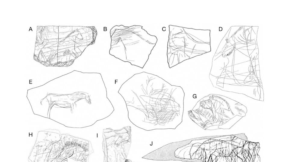 Vergleichende Beispiele für magdalenische Stein- und Knochengravuren aus verschiedenen europäischen Fundorten. | Foto: Langley, M.C., Škrdla, P., Kmošek, M. et al. Engraved Limestone Block from Švédův stůl Cave, Czech Republic, 2026 / ARÚ AV ČR / Vergleichende Beispiele für magdalenische Stein- und Knochengravuren aus verschiedenen europäischen Fundorten. | Foto: Langley, M.C., Škrdla, P., Kmošek, M. et al. Engraved Limestone Block from Švédův stůl Cave, Czech Republic, 2026 / ARÚ AV ČR /
