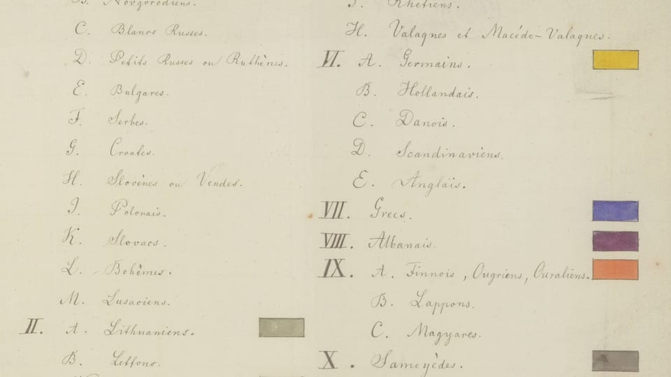 Šafařík,  Pavel Josef. Zur ethnographischen Karte. Zwischen 1836 und 1849? Ein handschriftliches Hilfsmittel zum Ausmalen ethnographisch-linguistischer Karten | Foto: Kramerius/Nationalbibliothek