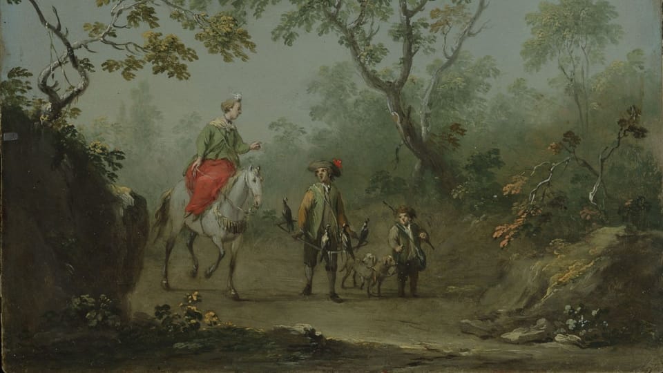 Norbert Grund: Waldlandschaft mit einer Dame auf dem Pferd,  einem Falkner und einem Hundeführer  (Foto: Archiv der Prager Nationalgalerie)