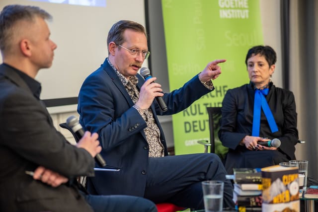 Tomáš Moravec,  Clemens Meyer und Michaela Škultéty | Foto: Petr Machan,  Goethe-Institut Česká republika